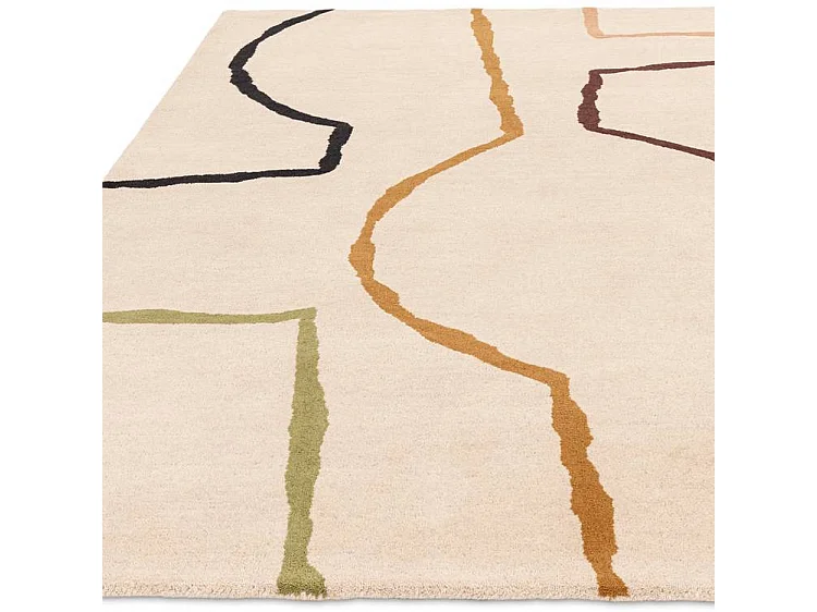 Handgeweven mid-century stijl tapijt van 100% wol - 120x170cm - crème, groen, oker, bordeaux, zwart - Reef Linear