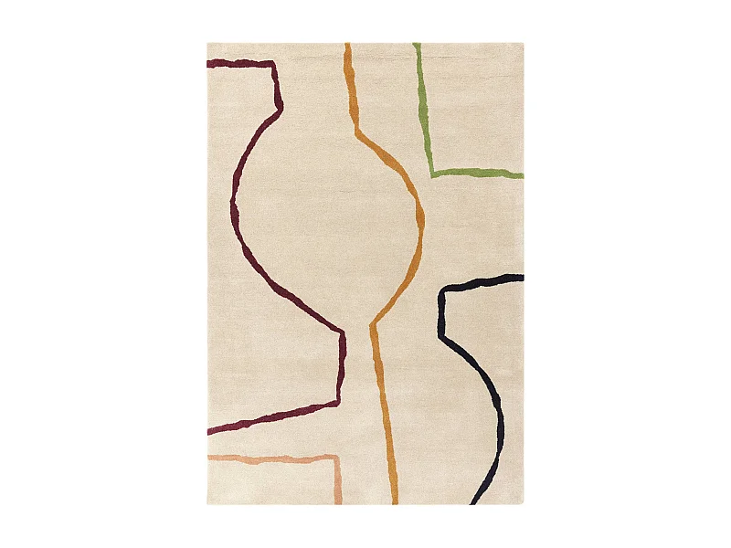 Handgeweven mid-century stijl tapijt van 100% wol - 120x170cm - crème, groen, oker, bordeaux, zwart - Reef Linear