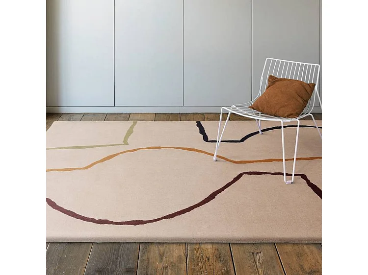 Handgeweven mid-century stijl tapijt van 100% wol - 120x170cm - crème, groen, oker, bordeaux, zwart - Reef Linear