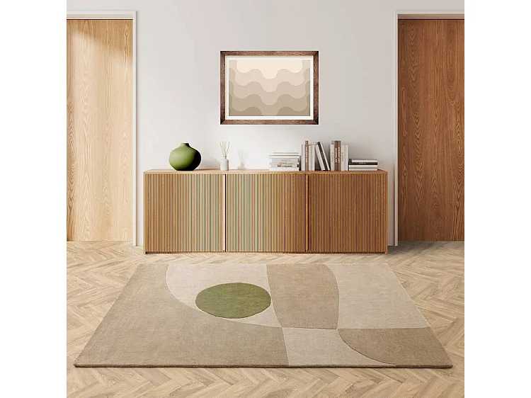 Handgeweven mid-century stijl tapijt van 100% wol - 120x170cm - crème, beige, groen - Reef Horizon