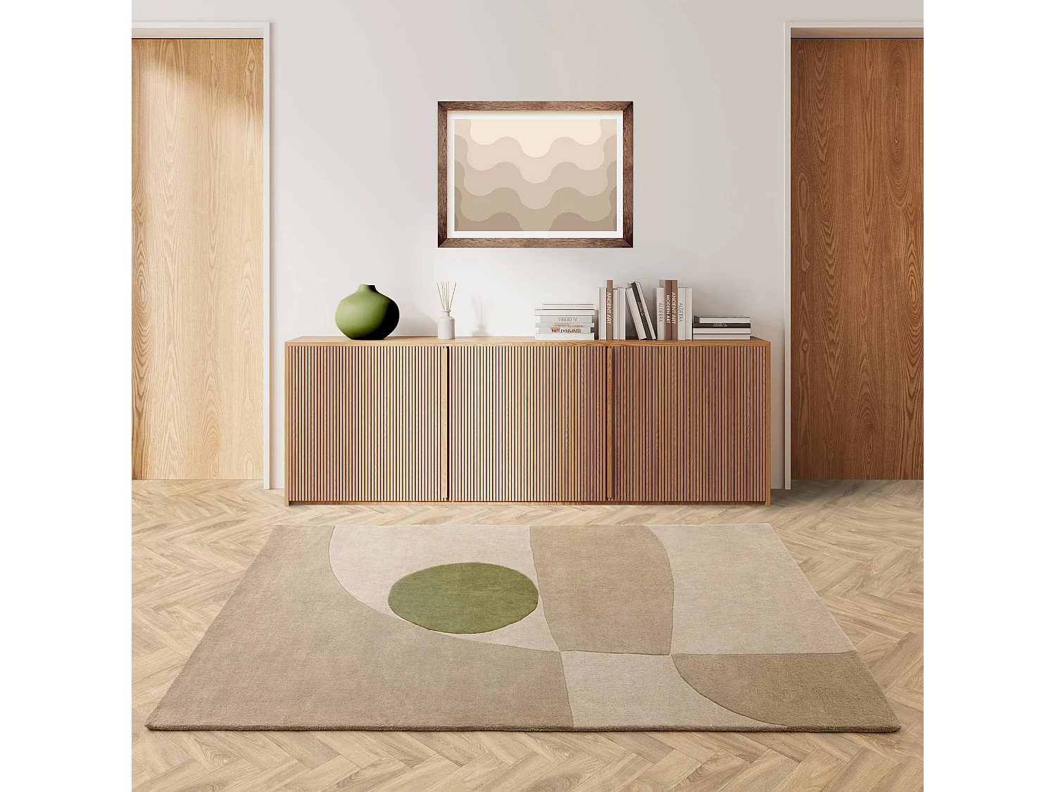 Handgeweven mid-century stijl tapijt van 100% wol - 160x230cm - crème, beige, groen - Reef Horizon