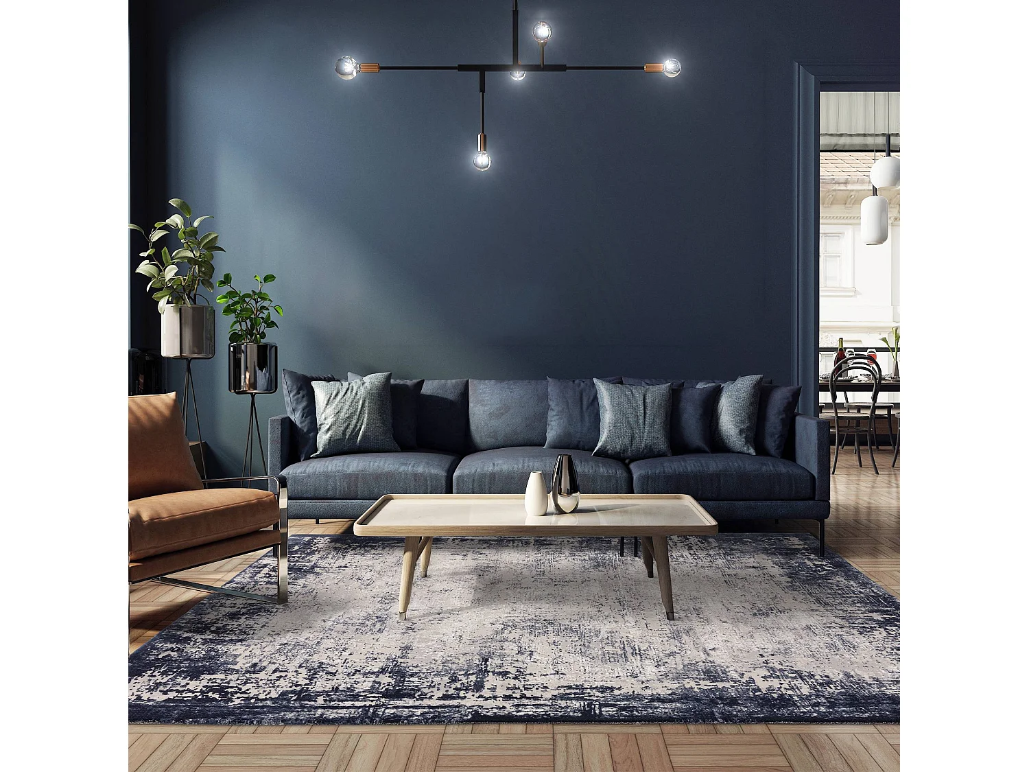 Abstract tapijt - 120x170cm - marineblauw, crème - Kuza Border