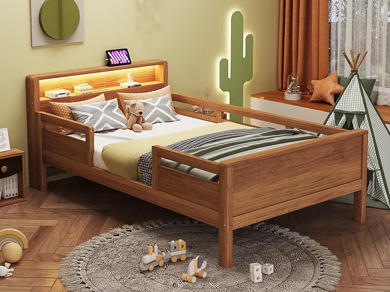 Massief houten bed 90×200 cm - met USB + Type-C - met LED-nachtlampje - naturel (zonder matras)