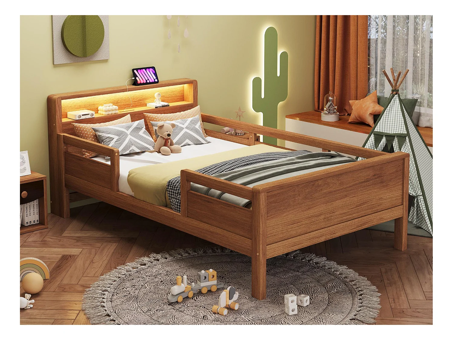 Lit en bois massif 90x200 cm - avec USB + Type-C - avec petite lumière LED - naturel (sans matelas)