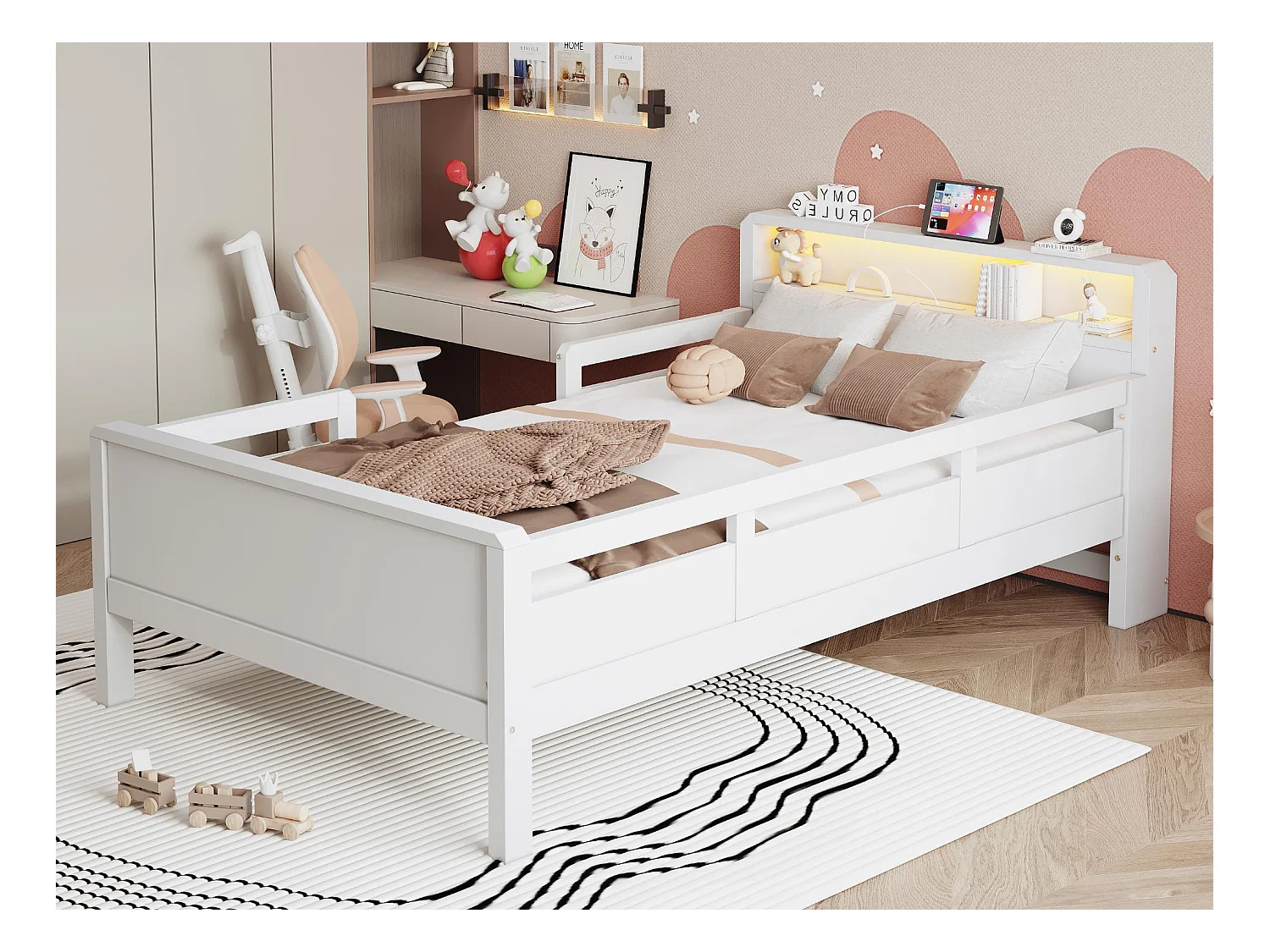 Lit en bois massif 90x200 cm - avec USB + Type-C - avec petite lumière LED - blanc (sans matelas)