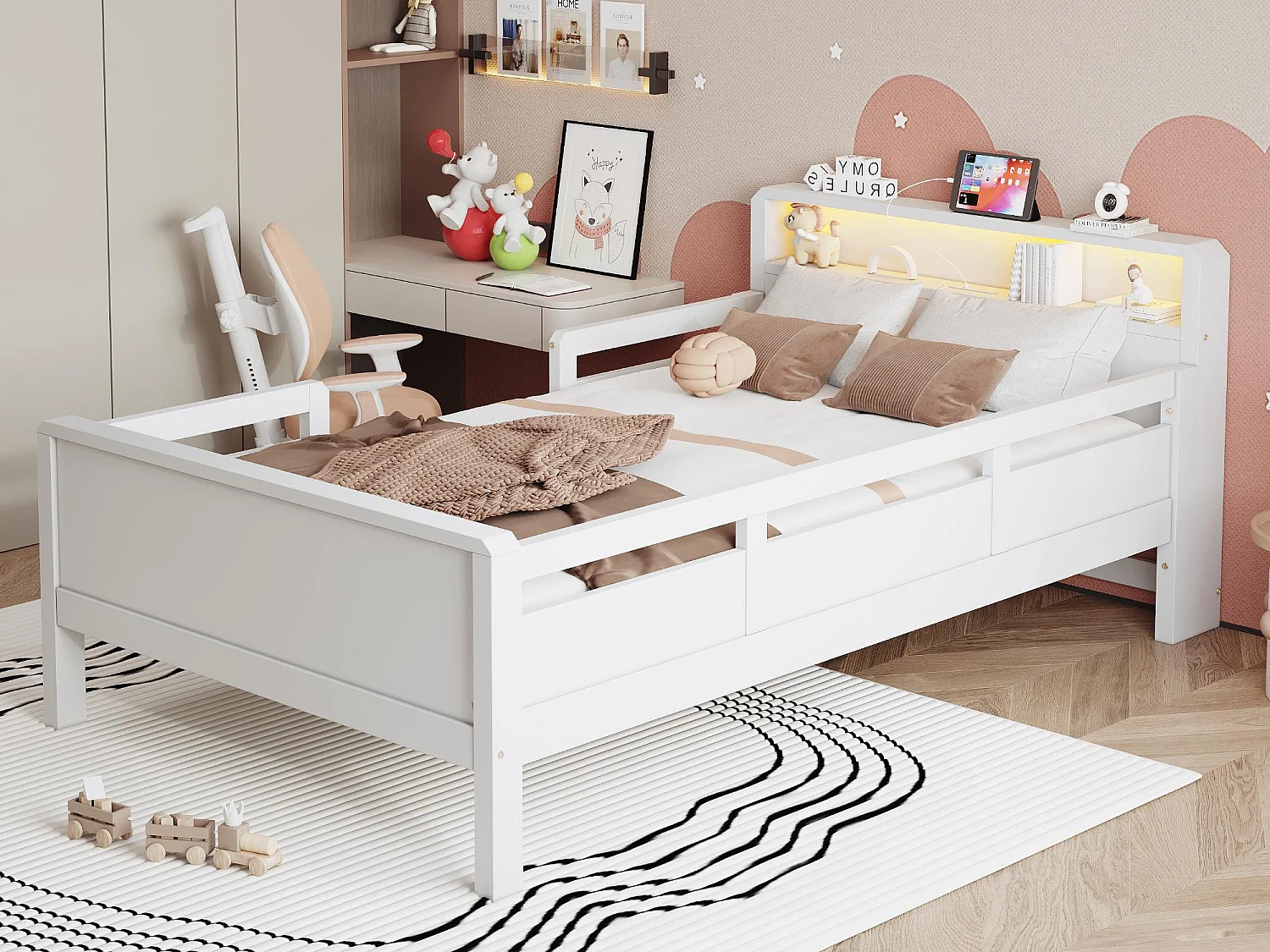 Łóżko z litego drewna 90×200 cm - z USB + Type-C - z nocną lampką LED - białe (bez materaca)