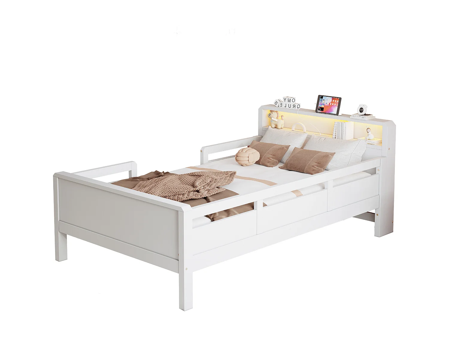 Łóżko z litego drewna 90×200 cm - z USB + Type-C - z nocną lampką LED - białe (bez materaca)