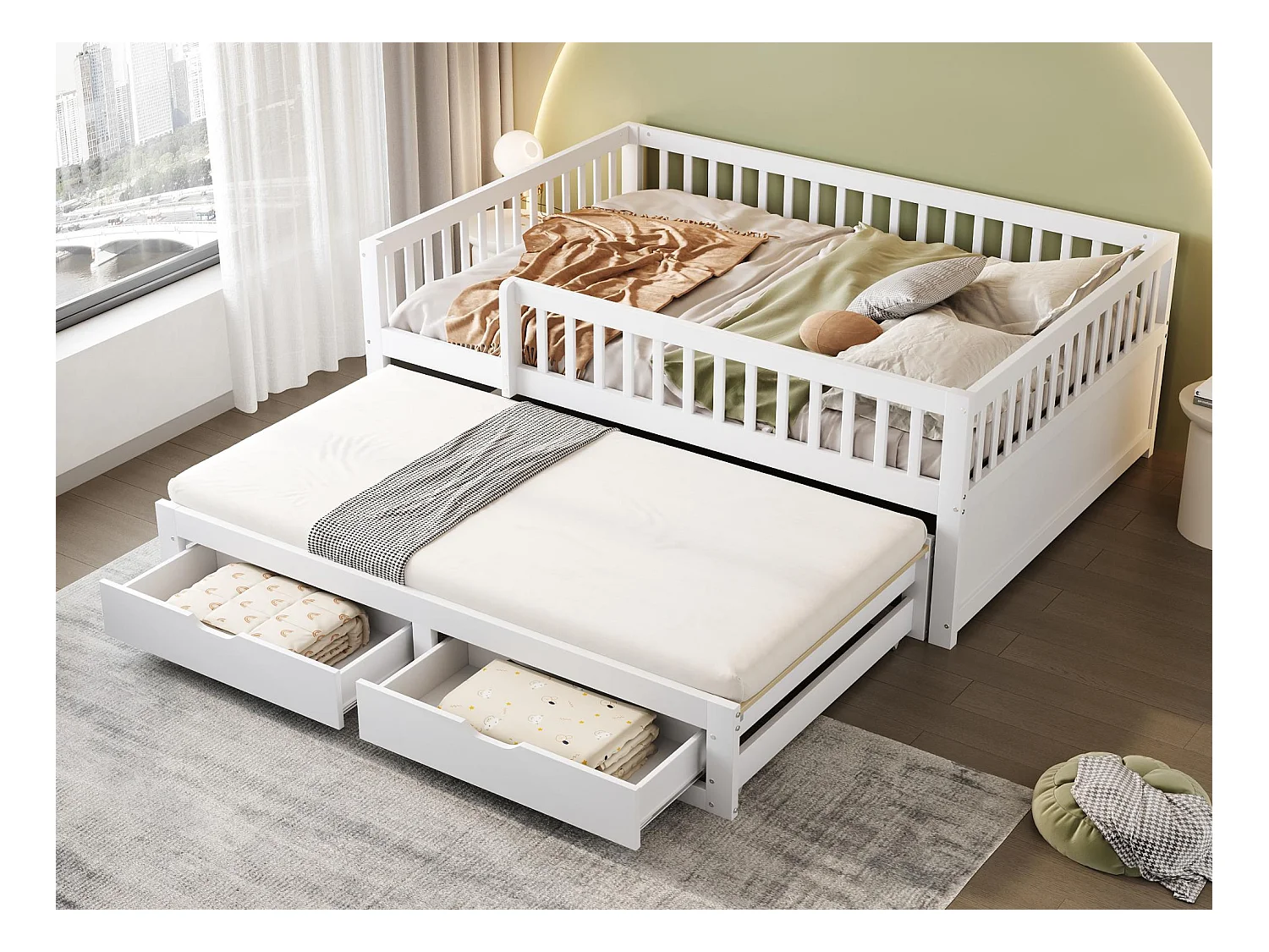 Canapé-lit en bois massif 140x200 cm - avec lit gigogne - avec 2 tiroirs - avec barrières de sécurité - blanc (matelas non inclus)