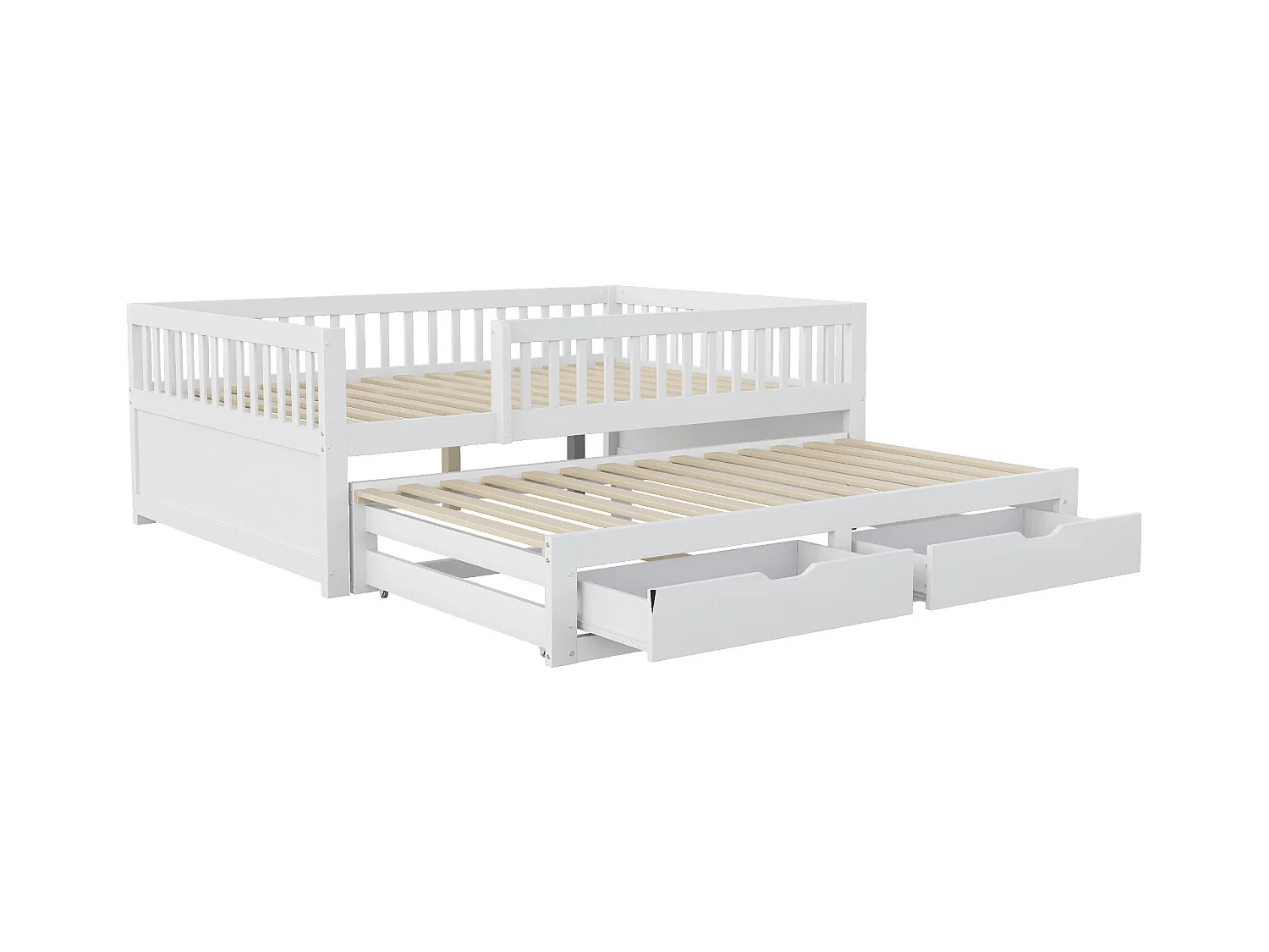 Canapé-lit en bois massif 140x200 cm - avec lit gigogne - avec 2 tiroirs - avec barrières de sécurité - blanc (matelas non inclus)