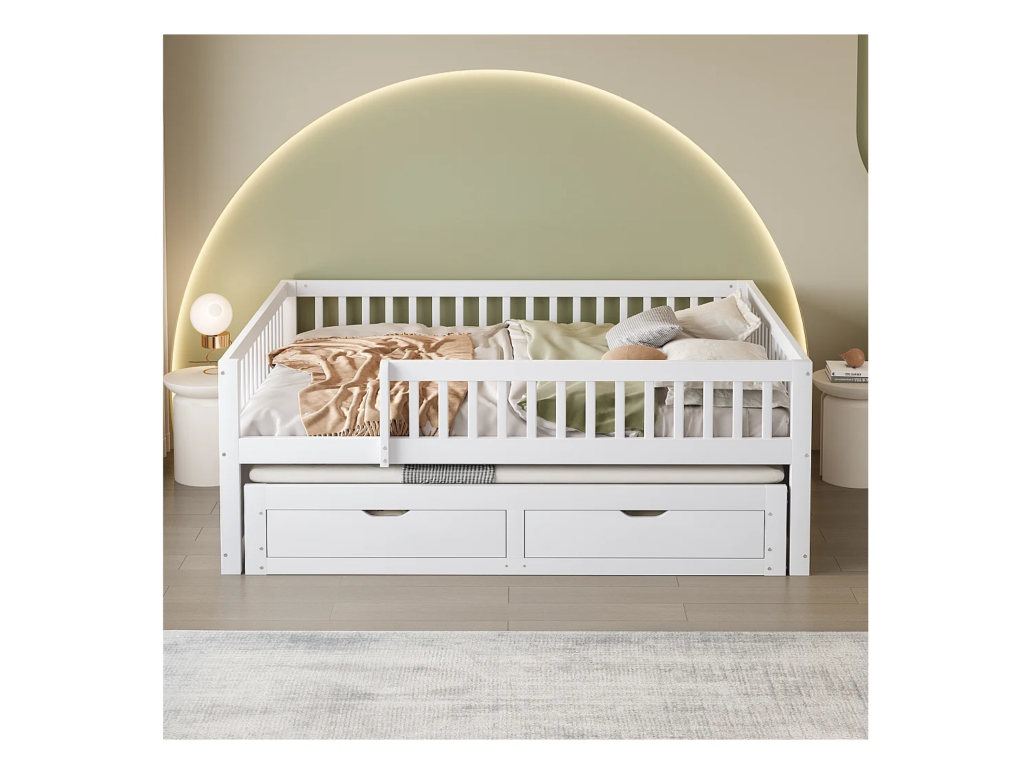 Canapé-lit en bois massif 140x200 cm - avec lit gigogne - avec 2 tiroirs - avec barrières de sécurité - blanc (matelas non inclus)