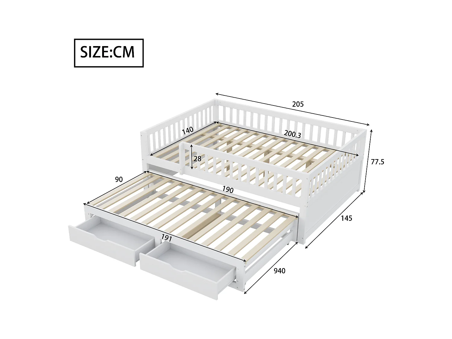 Canapé-lit en bois massif 140x200 cm - avec lit gigogne - avec 2 tiroirs - avec barrières de sécurité - blanc (matelas non inclus)