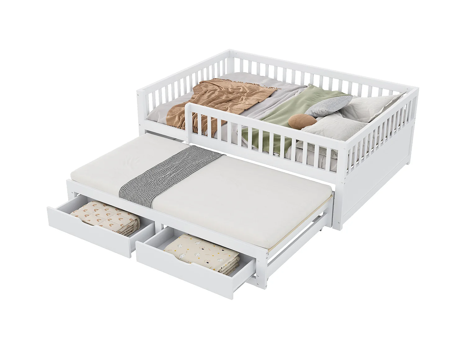 Canapé-lit en bois massif 140x200 cm - avec lit gigogne - avec 2 tiroirs - avec barrières de sécurité - blanc (matelas non inclus)