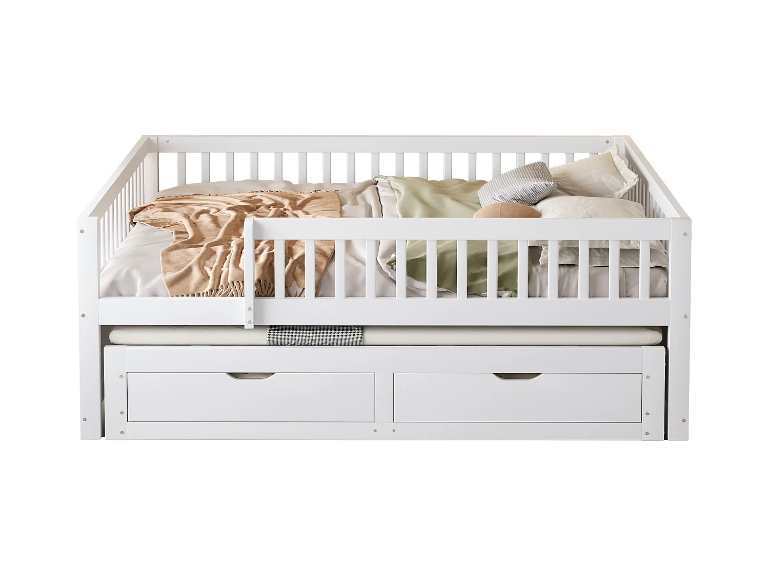 Canapé-lit en bois massif 140x200 cm - avec lit gigogne - avec 2 tiroirs - avec barrières de sécurité - blanc (matelas non inclus)