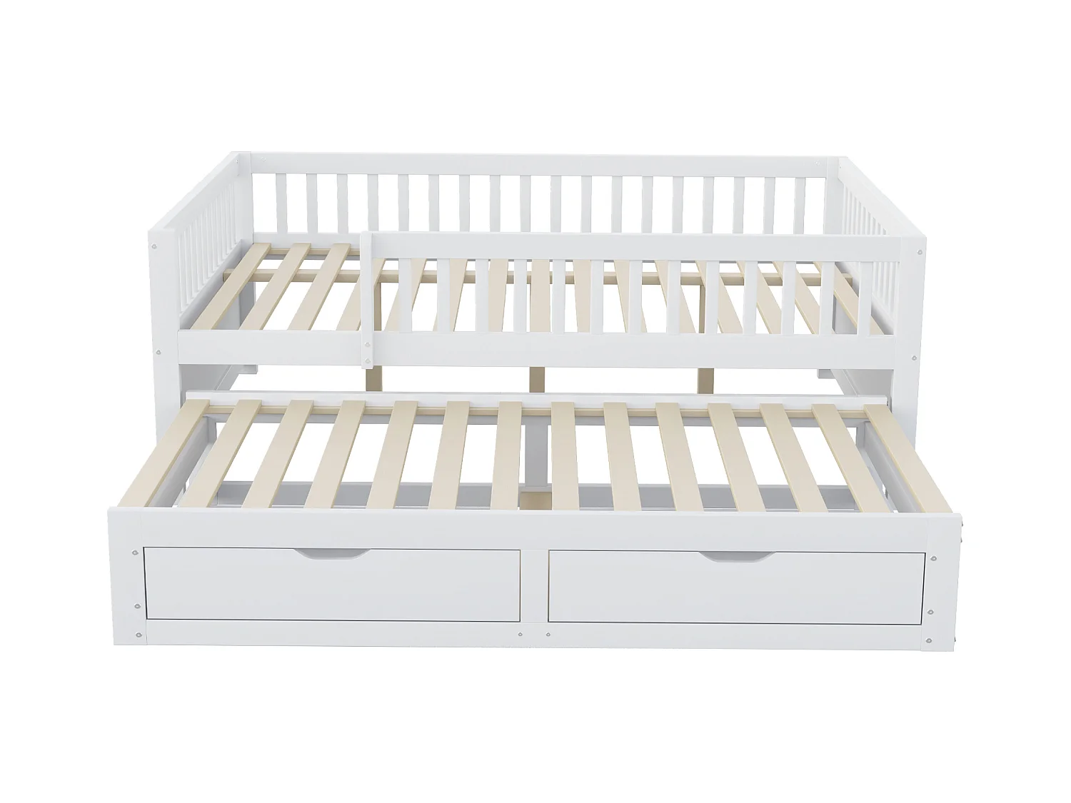 Canapé-lit en bois massif 140x200 cm - avec lit gigogne - avec 2 tiroirs - avec barrières de sécurité - blanc (matelas non inclus)