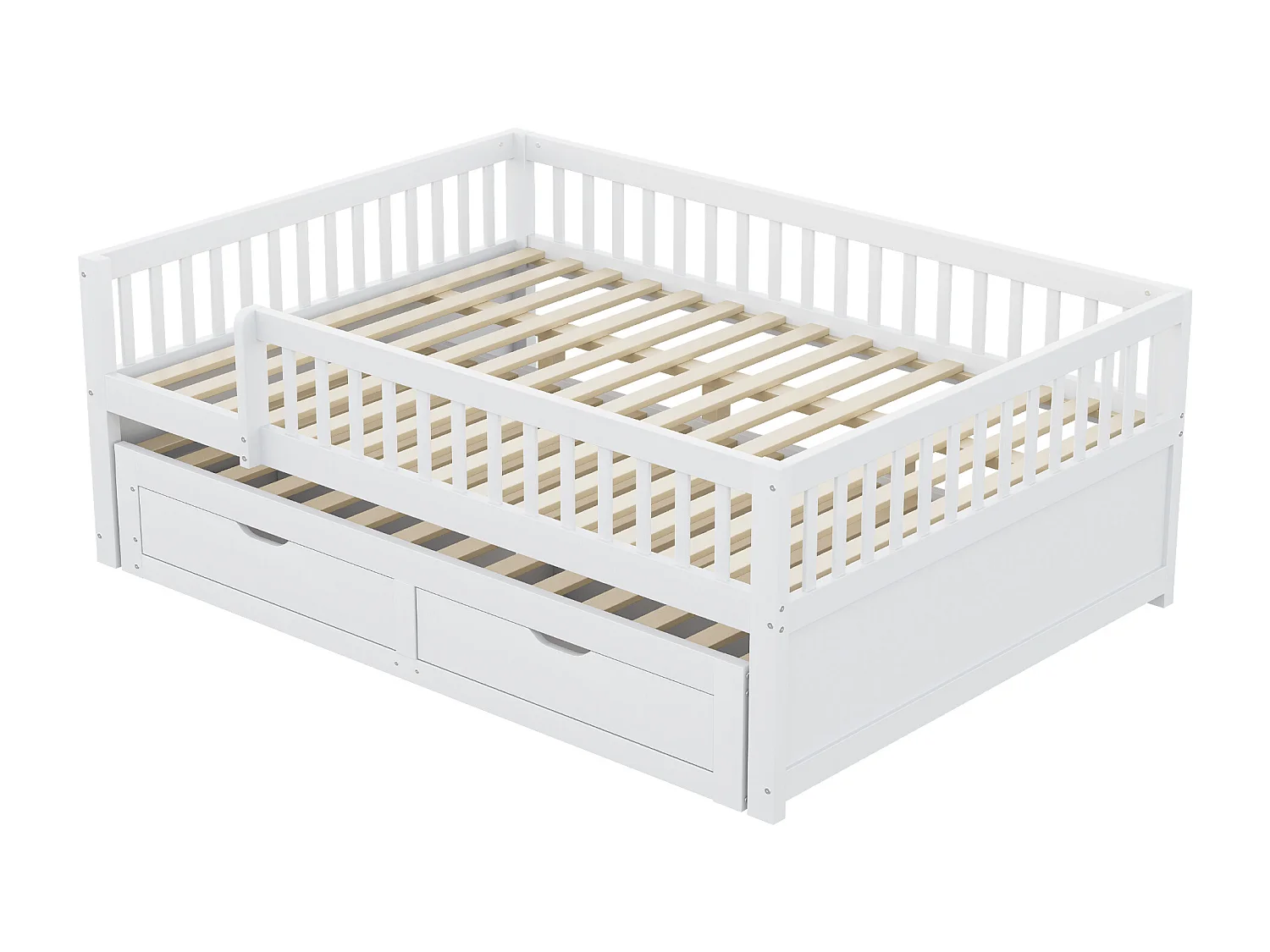 Canapé-lit en bois massif 140x200 cm - avec lit gigogne - avec 2 tiroirs - avec barrières de sécurité - blanc (matelas non inclus)