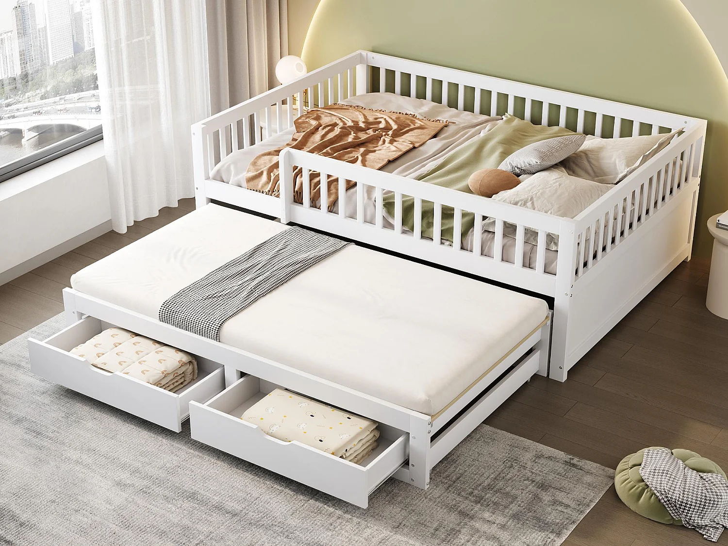 Schlafsofa aus Massivholz 140×200 cm - mit ausziehbett - 2 Schubladen - mit Sicherheitsgittern - weiß (Matratze nicht inbegriffen)