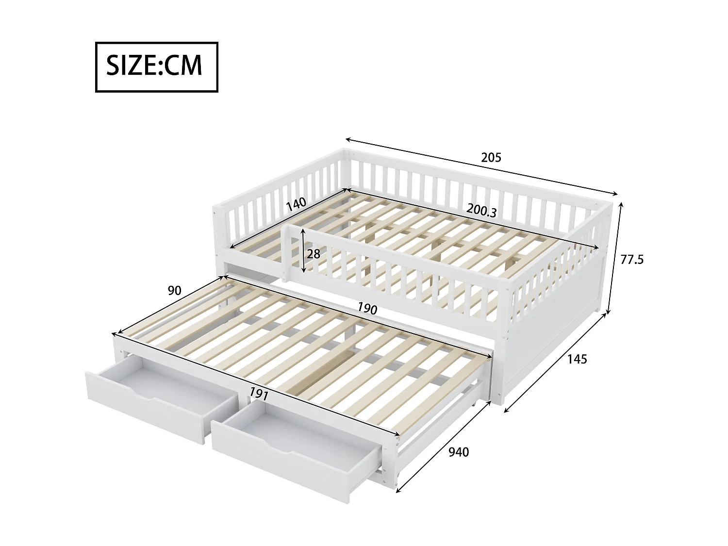 Schlafsofa aus Massivholz 140×200 cm - mit ausziehbett - 2 Schubladen - mit Sicherheitsgittern - weiß (Matratze nicht inbegriffen)