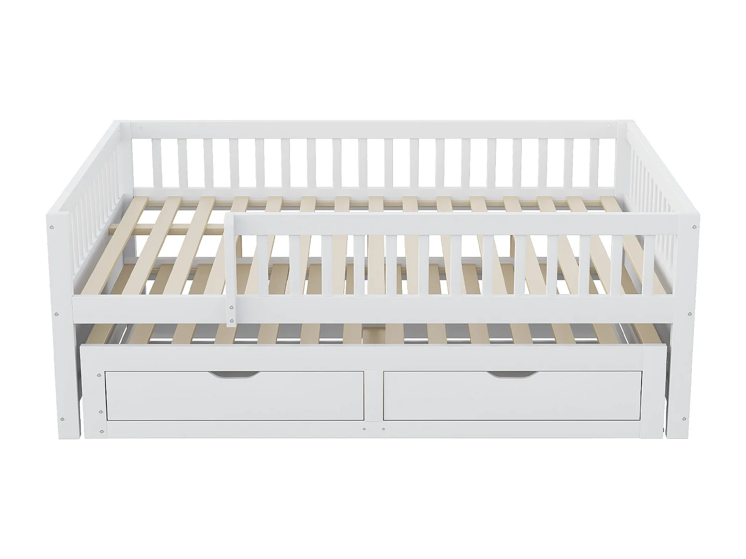 Schlafsofa aus Massivholz 140×200 cm - mit ausziehbett - 2 Schubladen - mit Sicherheitsgittern - weiß (Matratze nicht inbegriffen)