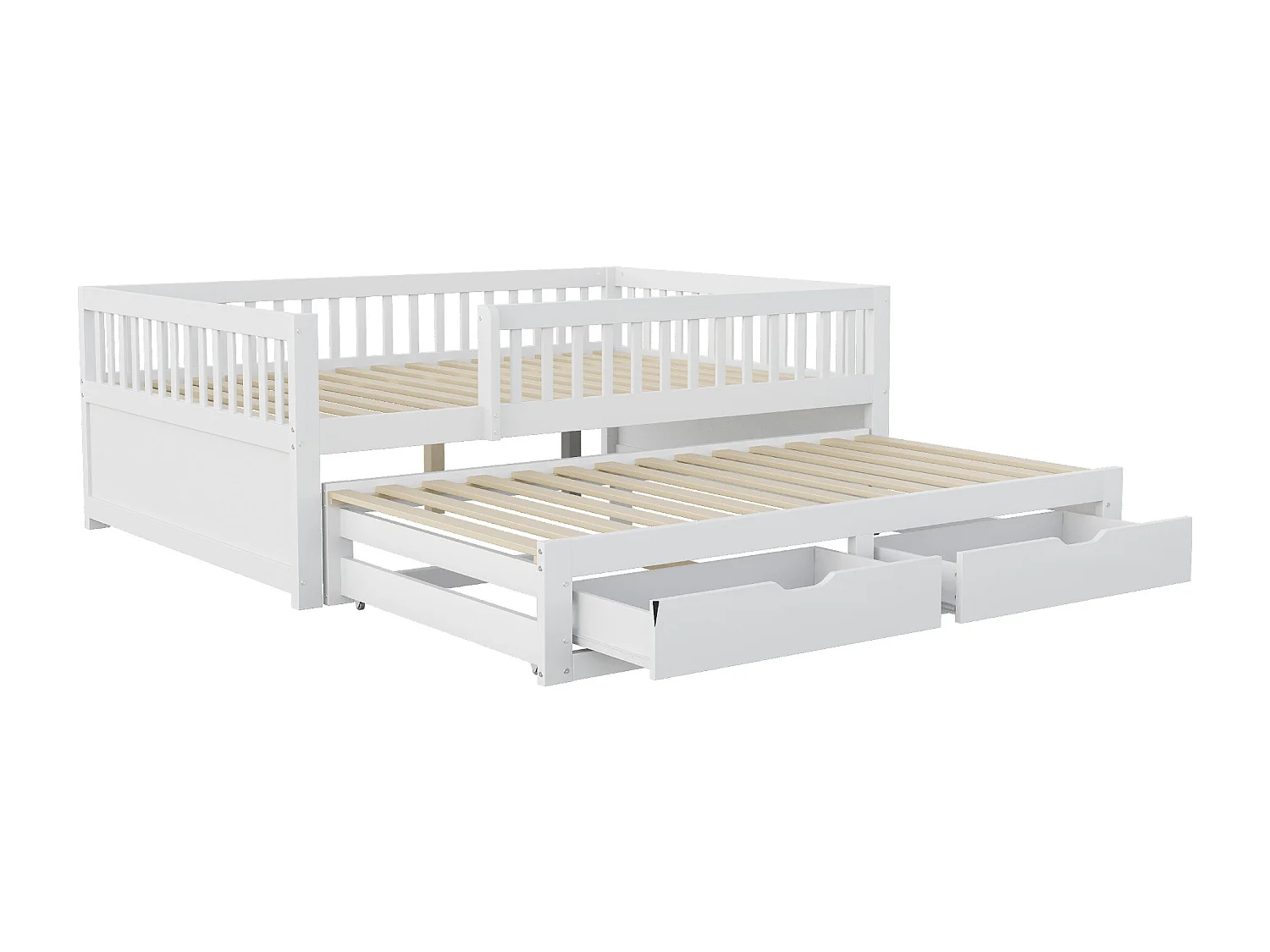 Schlafsofa aus Massivholz 140×200 cm - mit ausziehbett - 2 Schubladen - mit Sicherheitsgittern - weiß (Matratze nicht inbegriffen)
