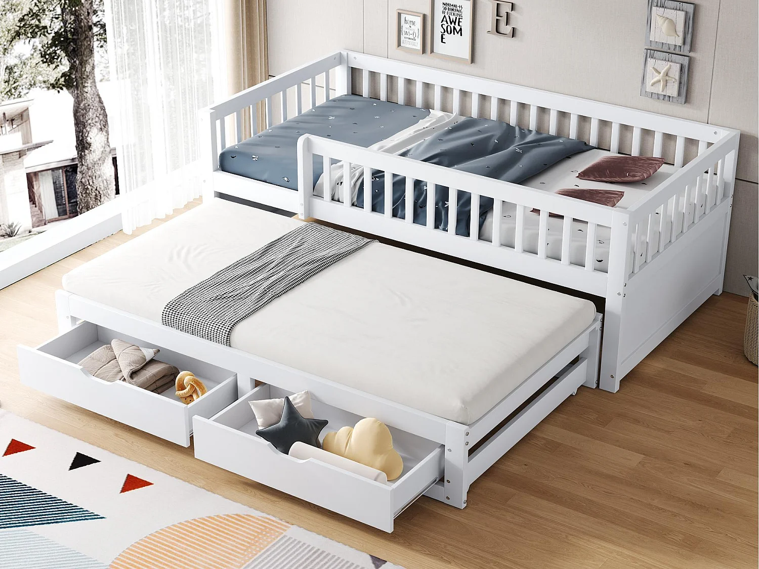 Canapé-lit en bois massif 90x200 cm - avec lit gigogne - avec 2 tiroirs - avec barrières de sécurité - blanc (matelas non inclus)