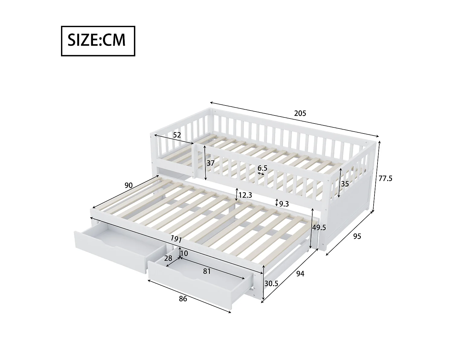 Canapé-lit en bois massif 90x200 cm - avec lit gigogne - avec 2 tiroirs - avec barrières de sécurité - blanc (matelas non inclus)