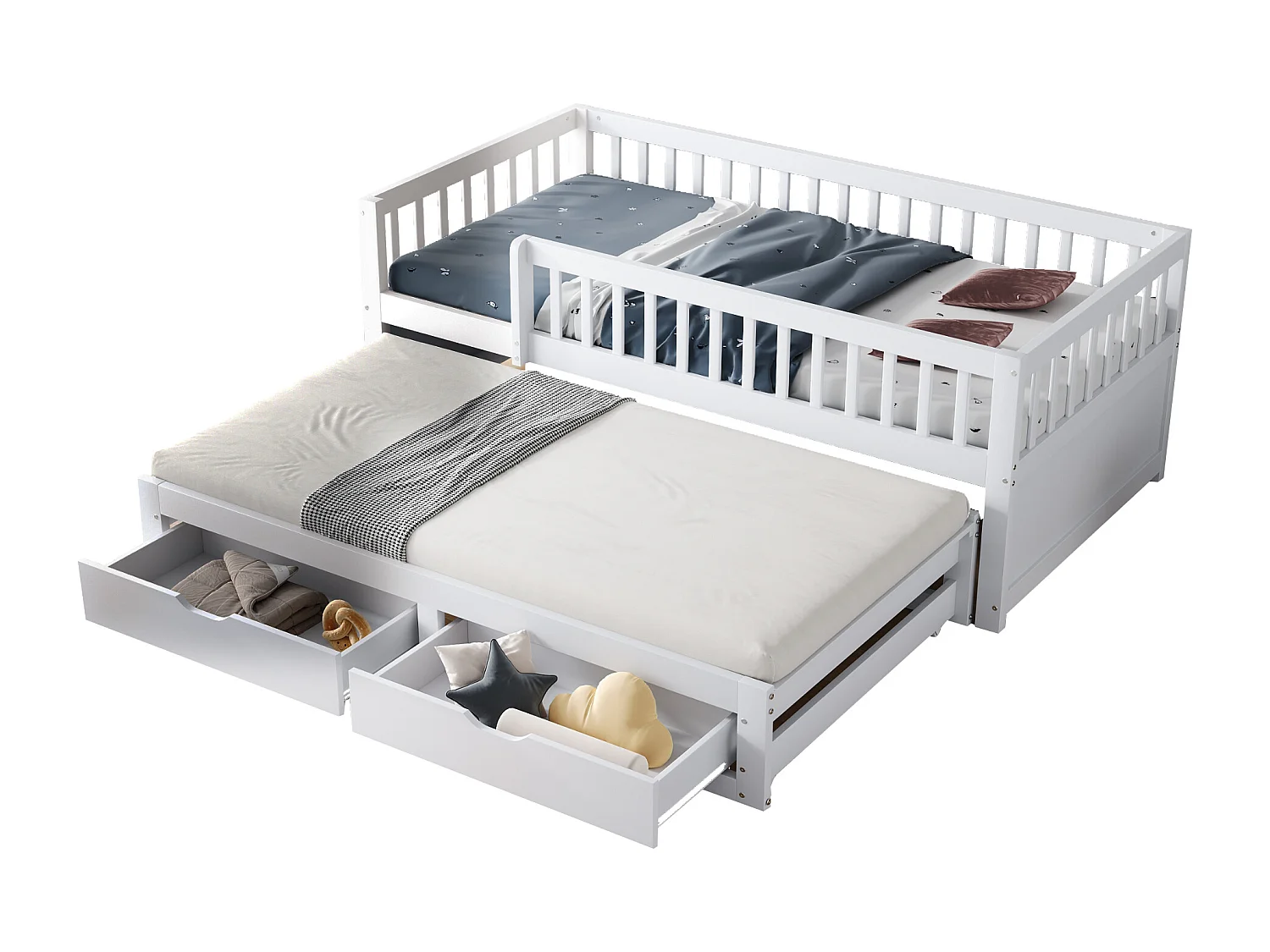 Canapé-lit en bois massif 90x200 cm - avec lit gigogne - avec 2 tiroirs - avec barrières de sécurité - blanc (matelas non inclus)