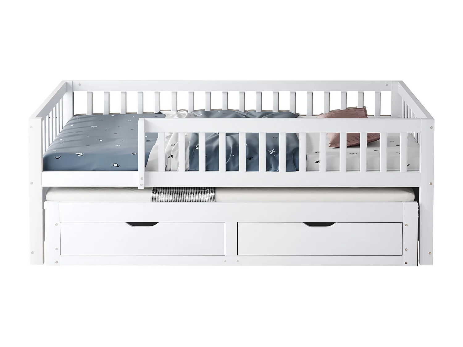 Canapé-lit en bois massif 90x200 cm - avec lit gigogne - avec 2 tiroirs - avec barrières de sécurité - blanc (matelas non inclus)