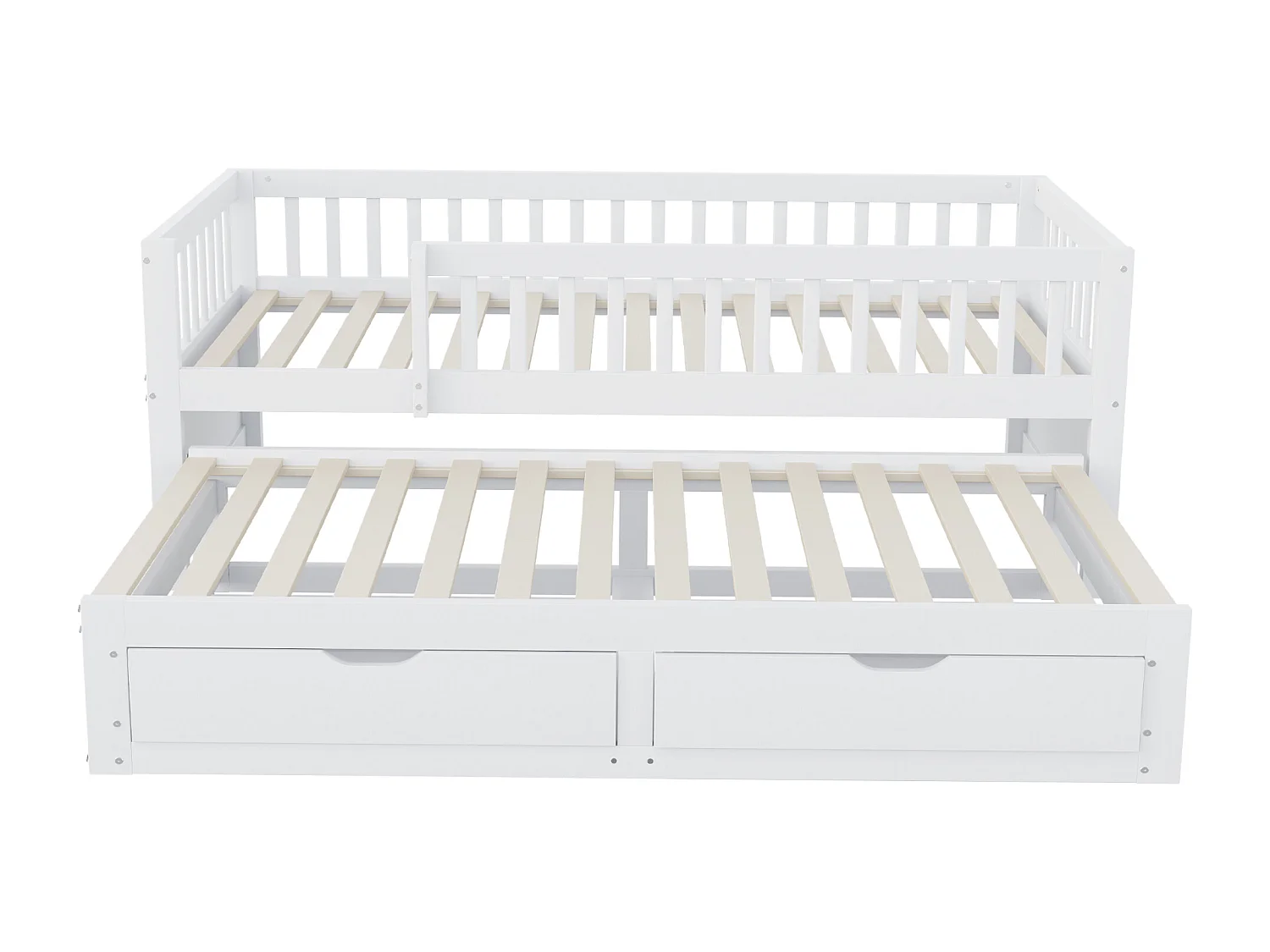 Canapé-lit en bois massif 90x200 cm - avec lit gigogne - avec 2 tiroirs - avec barrières de sécurité - blanc (matelas non inclus)