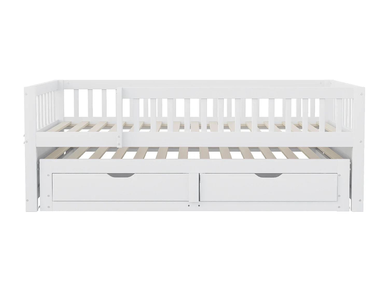 Canapé-lit en bois massif 90x200 cm - avec lit gigogne - avec 2 tiroirs - avec barrières de sécurité - blanc (matelas non inclus)