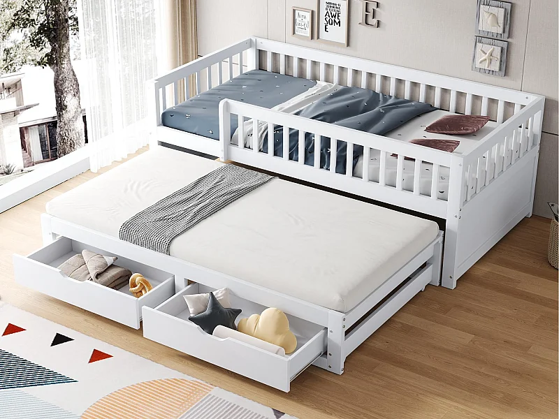 Canapé-lit en bois massif 90x200 cm - avec lit gigogne - avec 2 tiroirs - avec barrières de sécurité - blanc (matelas non inclus)