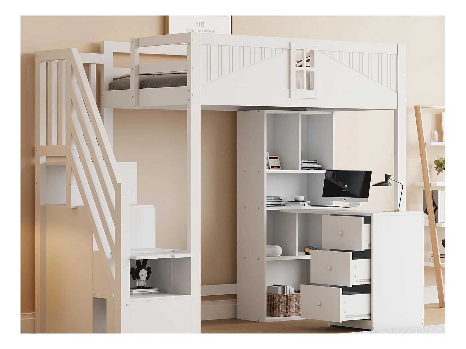 Lit mezzanine 90x200 cm - avec meuble de rangement - avec bureau + 3 tiroirs - avec poignée de sécurité - blanc (sans matelas)