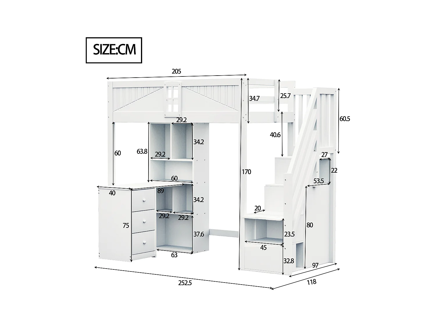 Lit mezzanine 90x200 cm - avec meuble de rangement - avec bureau + 3 tiroirs - avec poignée de sécurité - blanc (sans matelas)