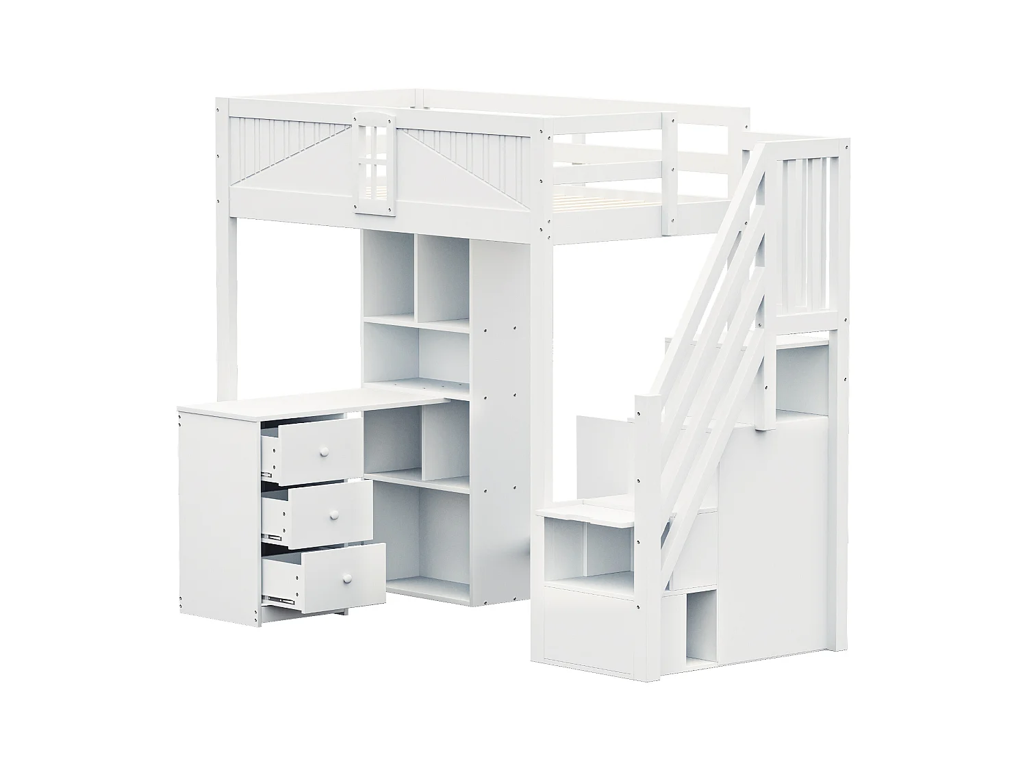 Lit mezzanine 90x200 cm - avec meuble de rangement - avec bureau + 3 tiroirs - avec poignée de sécurité - blanc (sans matelas)