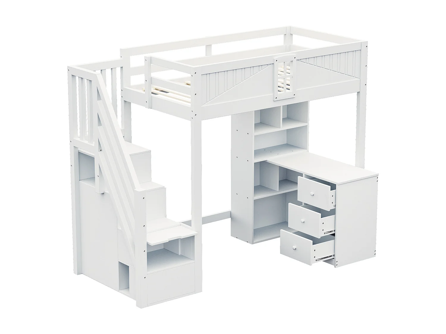 Lit mezzanine 90x200 cm - avec meuble de rangement - avec bureau + 3 tiroirs - avec poignée de sécurité - blanc (sans matelas)