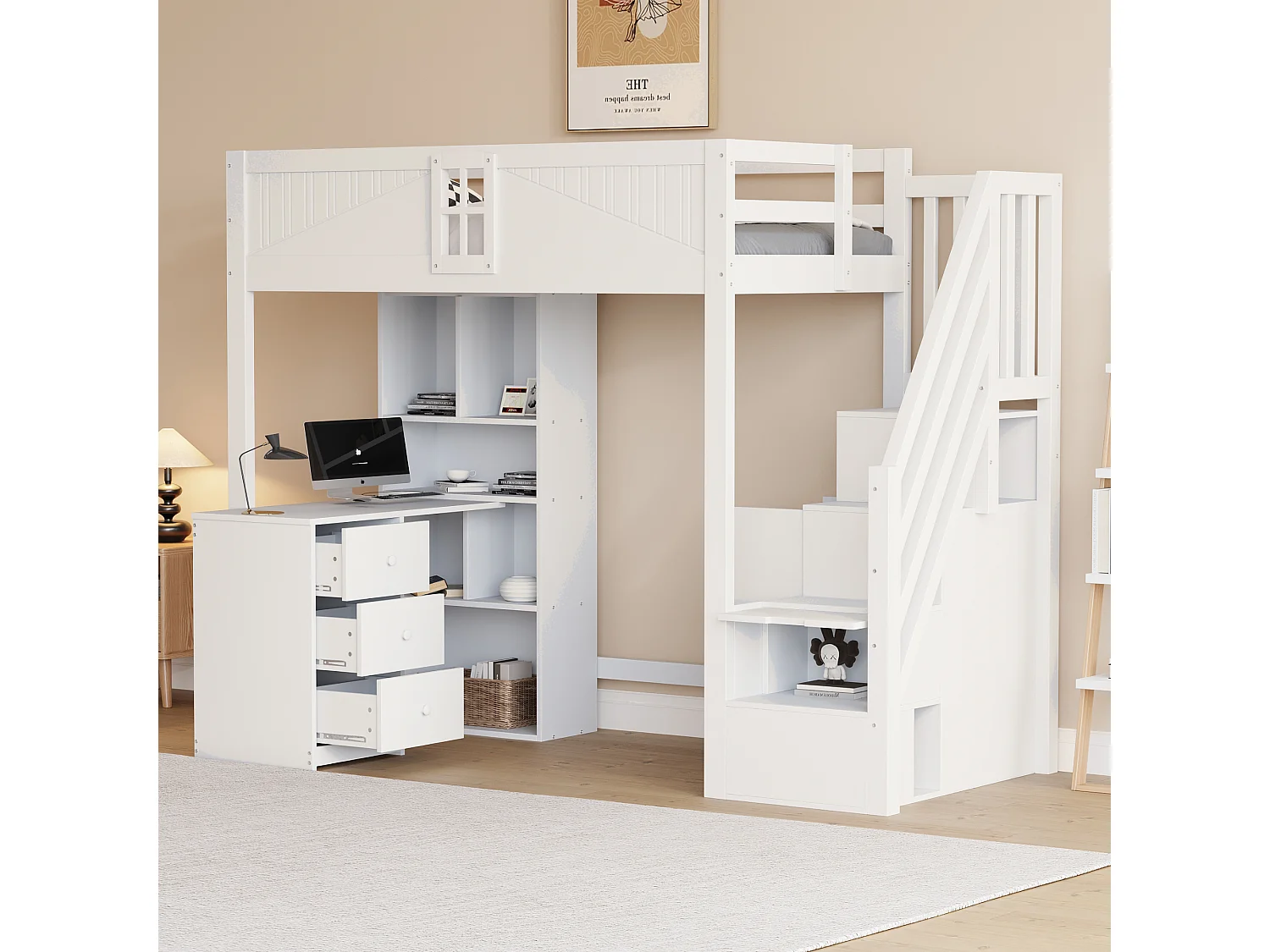 Lit mezzanine 90x200 cm - avec meuble de rangement - avec bureau + 3 tiroirs - avec poignée de sécurité - blanc (sans matelas)