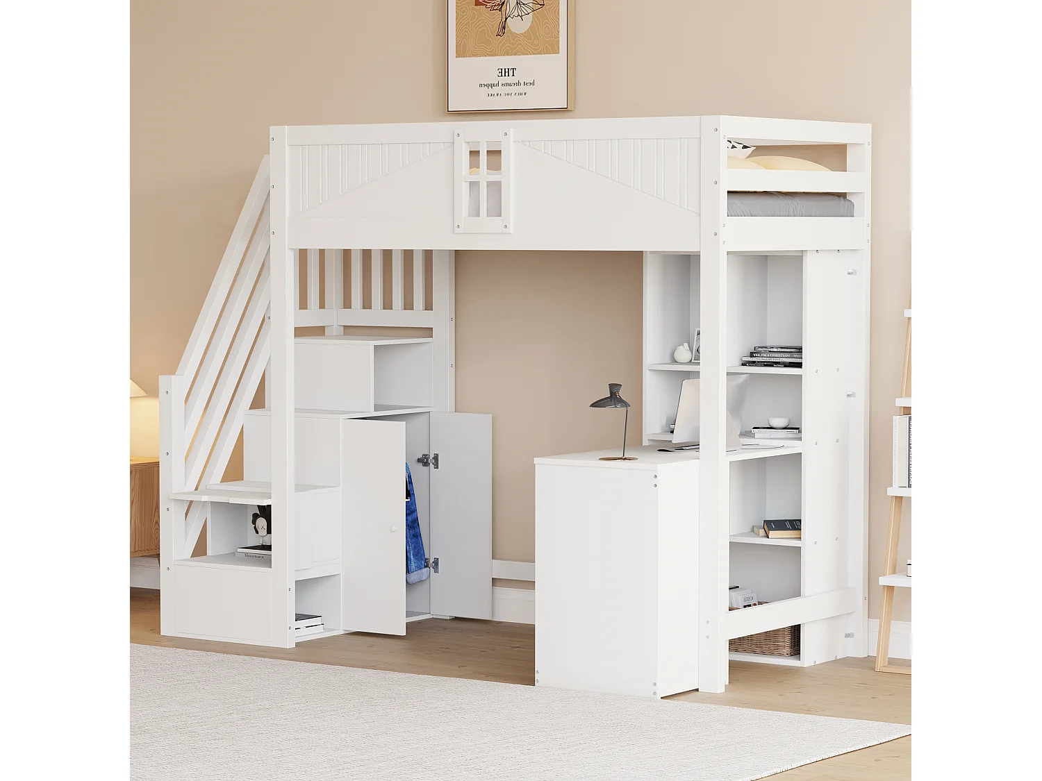 Lit mezzanine 90x200 cm - avec meuble de rangement - avec bureau + 3 tiroirs - avec poignée de sécurité - blanc (sans matelas)