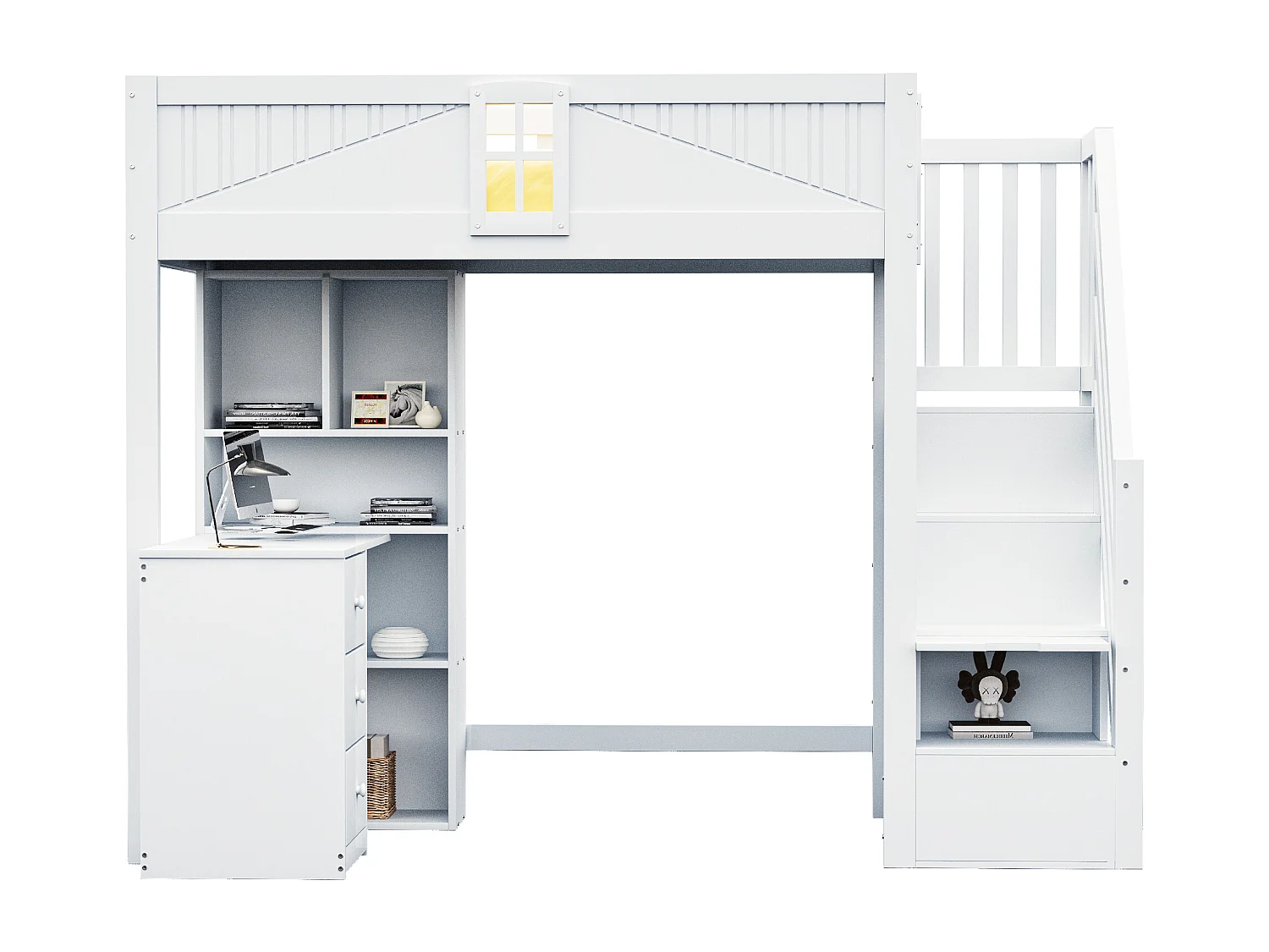 Lit mezzanine 90x200 cm - avec meuble de rangement - avec bureau + 3 tiroirs - avec poignée de sécurité - blanc (sans matelas)