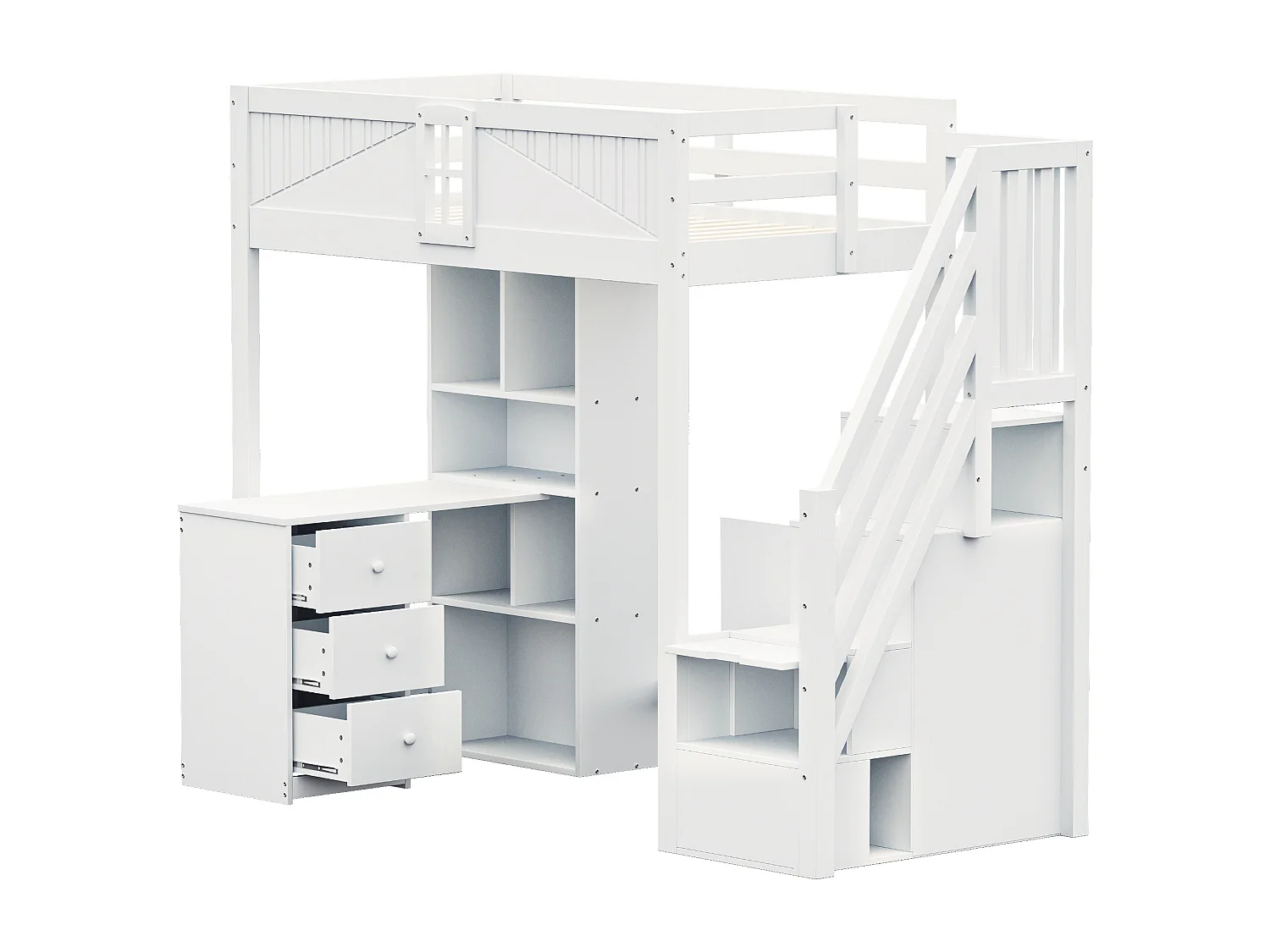Lit mezzanine 90x200 cm - avec meuble de rangement - avec bureau + 3 tiroirs - avec poignée de sécurité - blanc (sans matelas)