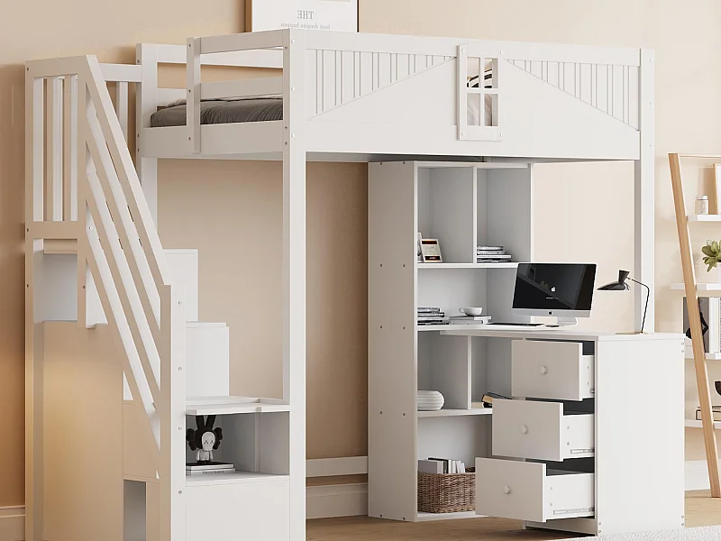 Lit mezzanine 90x200 cm - avec meuble de rangement - avec bureau + 3 tiroirs - avec poignée de sécurité - blanc (sans matelas)