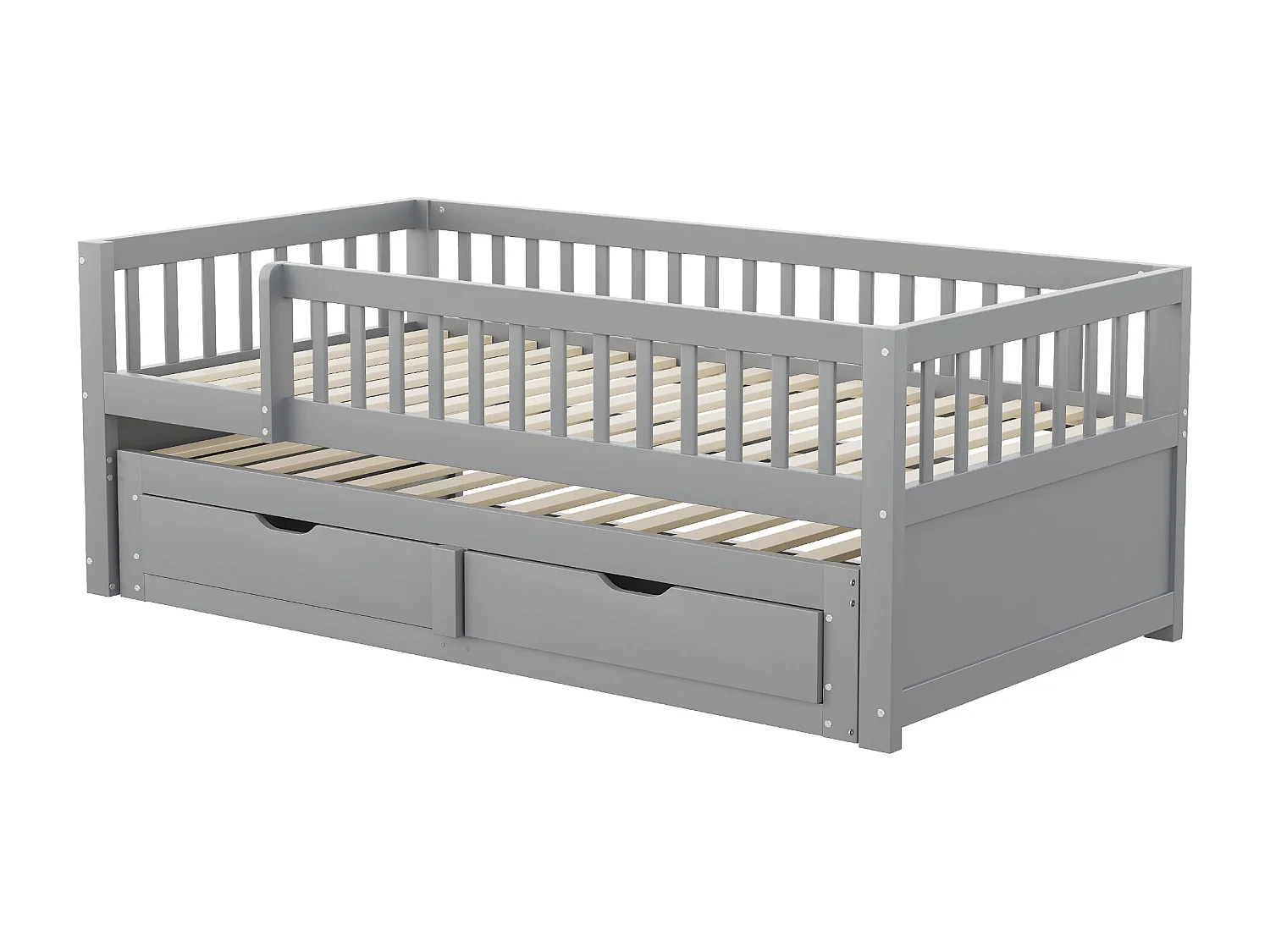 Schlafsofa aus Massivholz 90×200 cm - mit ausziehbett - 2 Schubladen - mit Sicherheitsgittern - grau (Matratze nicht inbegriffen)