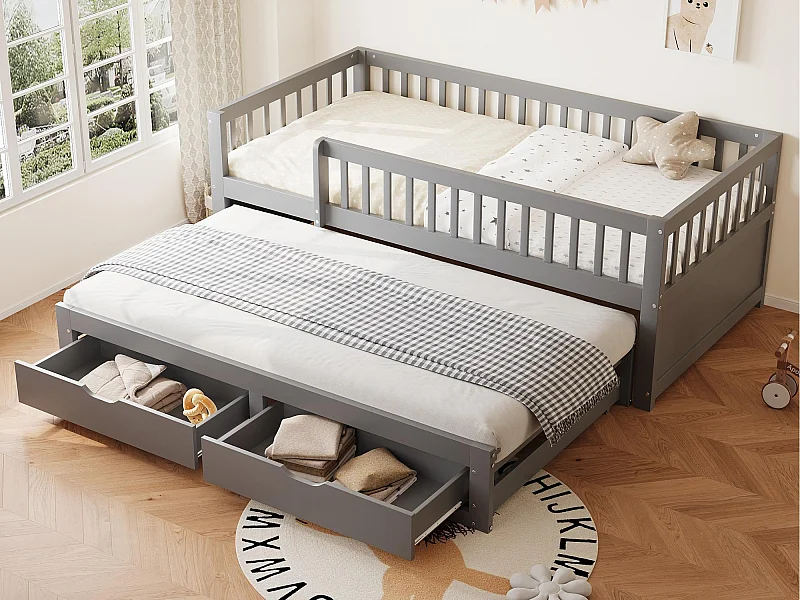 Divano letto in legno massello 90×200 cm - con letto contenitore - 2 cassetti - con barriere di sicurezza - grigio (materasso non incluso)