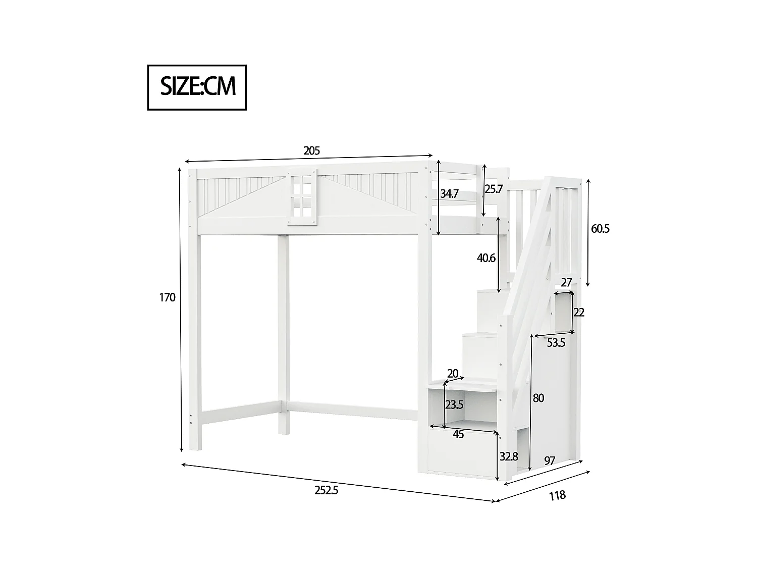 Lit mezzanine 90x200 cm - avec rangements - avec échelle - avec garde-corps - blanc (sans matelas)