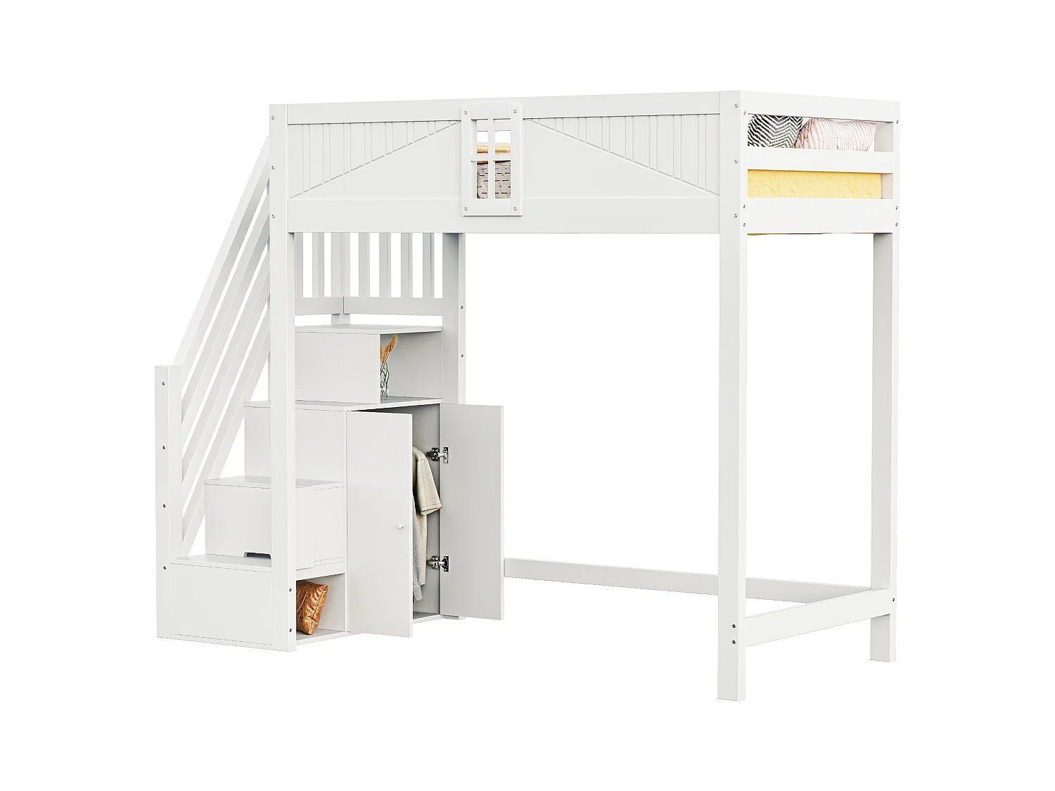 Lit mezzanine 90x200 cm - avec rangements - avec échelle - avec garde-corps - blanc (sans matelas)