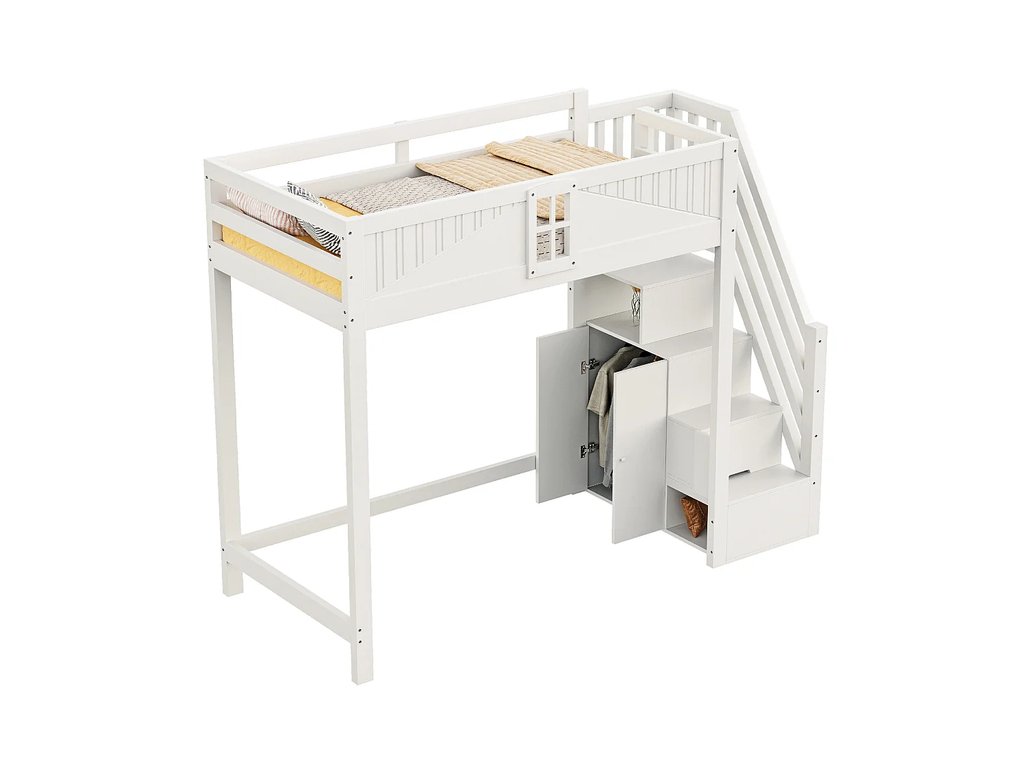 Lit mezzanine 90x200 cm - avec rangements - avec échelle - avec garde-corps - blanc (sans matelas)