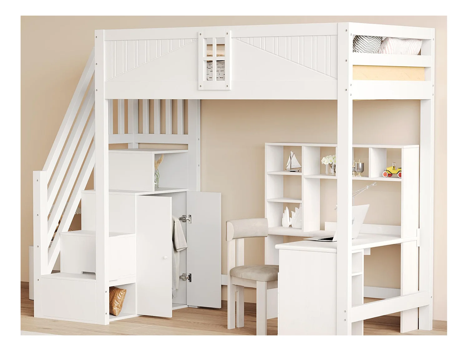 Lit mezzanine 90x200 cm - avec rangements - avec échelle - avec garde-corps - avec bureau - blanc (sans matelas)