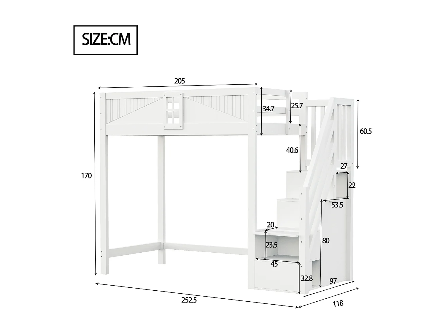 Lit mezzanine 90x200 cm - avec rangements - avec échelle - avec garde-corps - blanc (sans matelas)