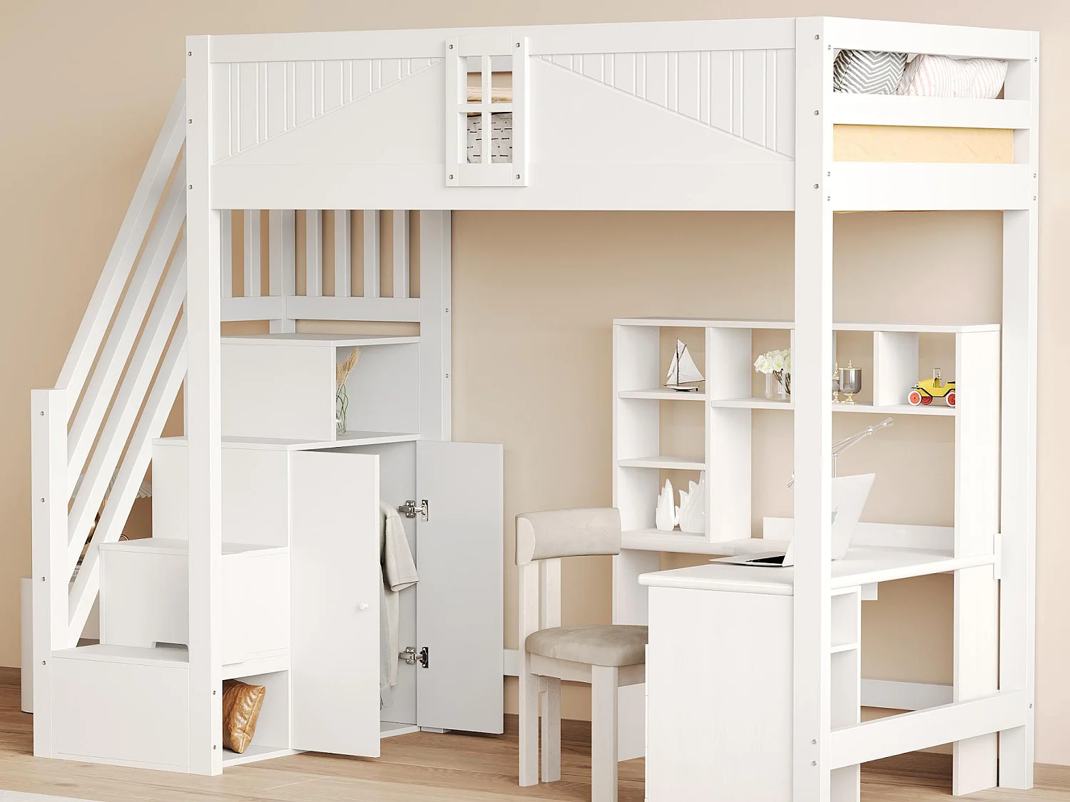 Lit mezzanine 90x200 cm - avec rangements - avec échelle - avec garde-corps - blanc (sans matelas)