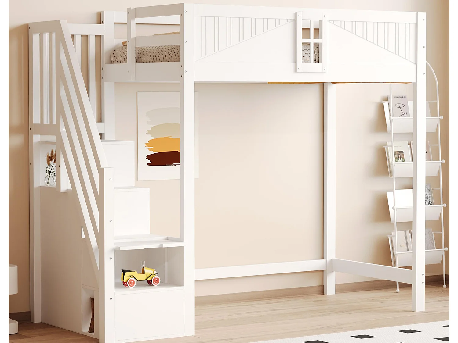 Letto soppalcato 90×200 cm - con ripostiglio - con scala - con parapetto - bianco (senza materasso)