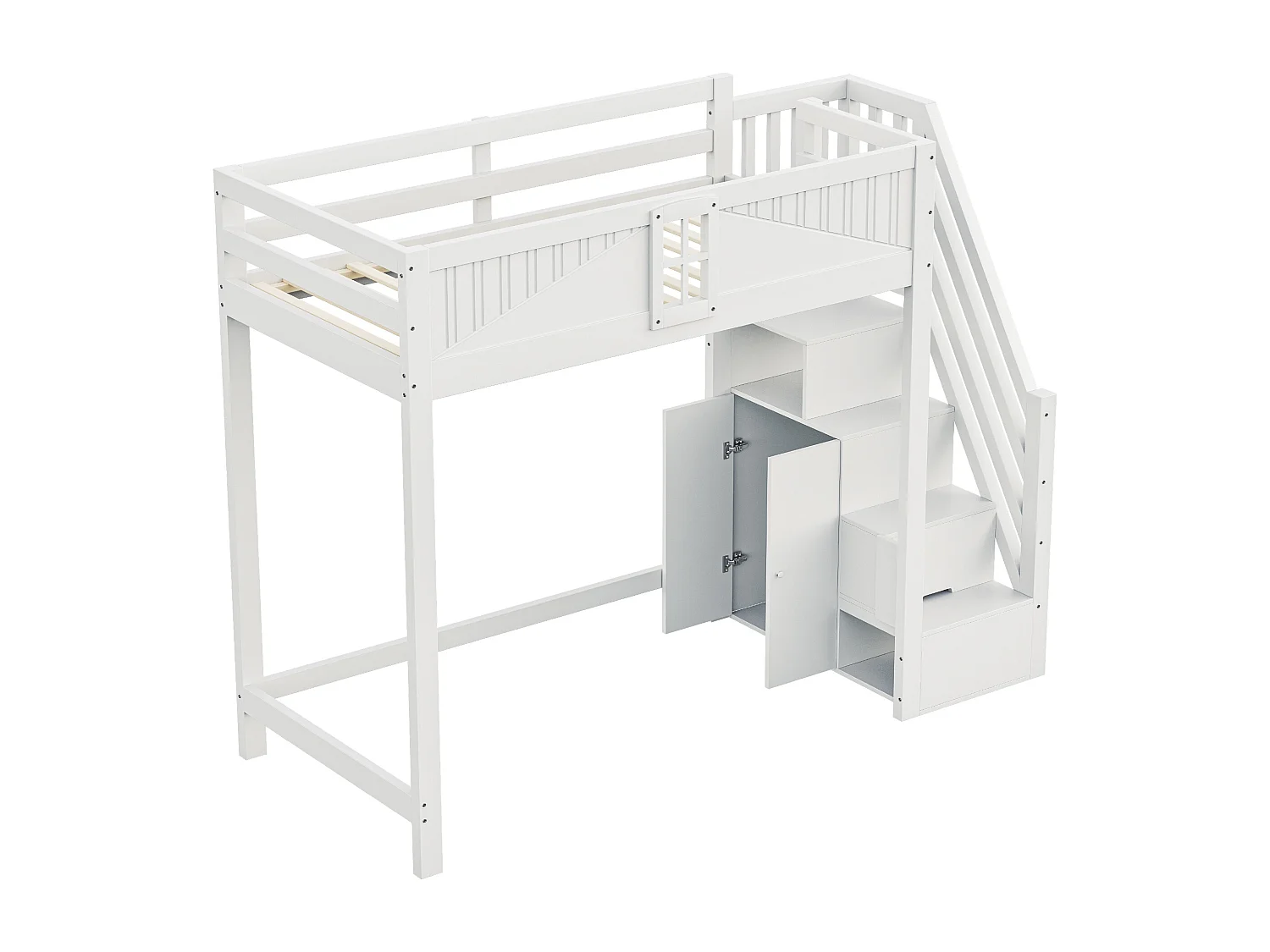 Letto soppalcato 90×200 cm - con ripostiglio - con scala - con parapetto - bianco (senza materasso)