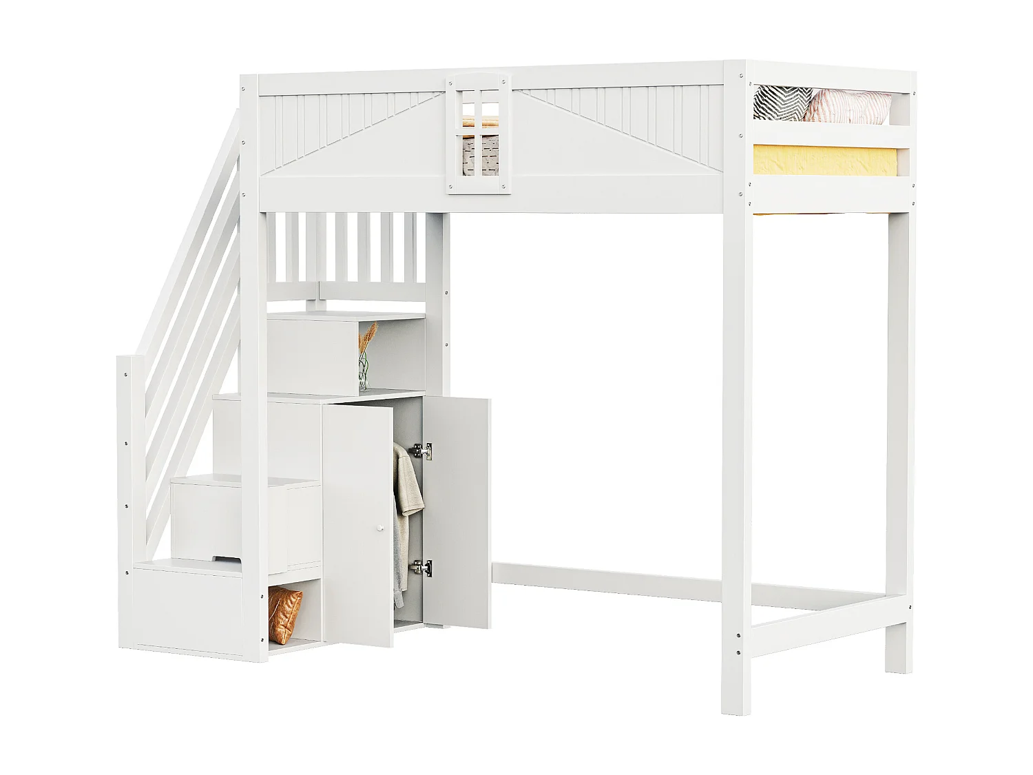 Lit mezzanine 90x200 cm - avec rangements - avec échelle - avec garde-corps - avec bureau - blanc (sans matelas)